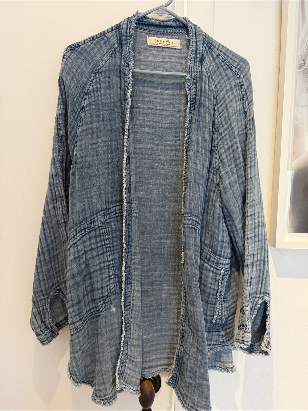We The Free Distressed Light Blue Open-Front Jean Jacket